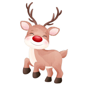 Cute reindeer poses watercolor illustration