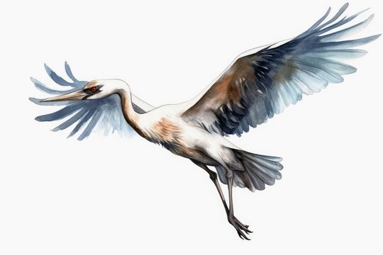 Watercolor painted crane bird on a white background.