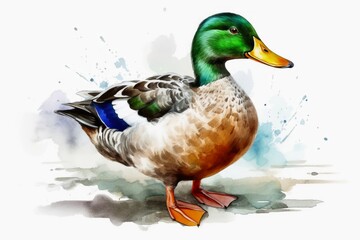 Watercolor painted mallard duck on a white background. - obrazy, fototapety, plakaty
