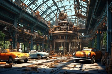 3D Cartoon Animated Location Illustration: Dilapidated Vehicle Factory - AI Generate