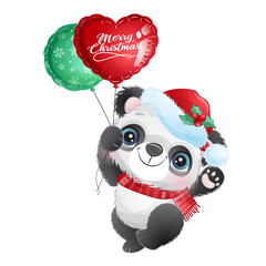 Cute panda with Santa hat Christmas balloon Christmas Winter watercolor illustration
