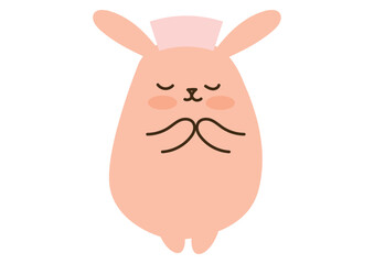 目を閉じたかわいいうさぎ、手を合わせる、ナースキャップ