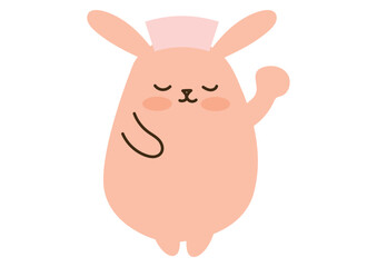 目を閉じたかわいいうさぎ、片手をあげる、ナースキャップ