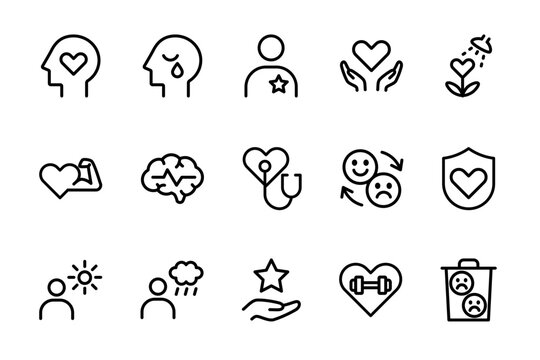 Mental Health Icon Set, Vector Outline Illustration.