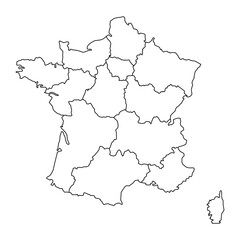 France map on white background. Isolated contour map with division to region high detailed. Vector illustration.	
