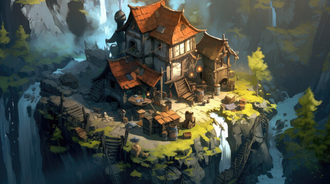 rpg asset alchemist cottage fantasy wildland waterfall - by generative ai