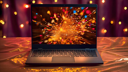 Stunning Photo of Explosion Firework in Laptop or Notebook Computer Screen with Glittering Crumpled Fabric Decorated Lighting Background. Generative AI Technology.