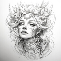 portrait of a lady shaman Gaia spiritual femininity yin drawing - by generative ai