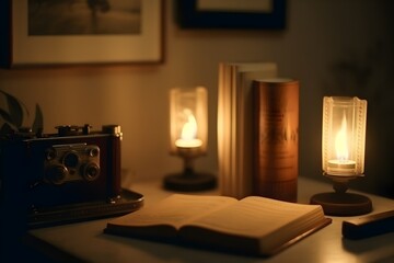 living room interior, a camera and books and candles