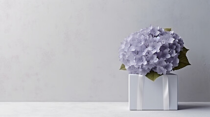 A white vase with purple flowers in it. Generative AI. Panoramic banner with hydrangea flowers, copy space.