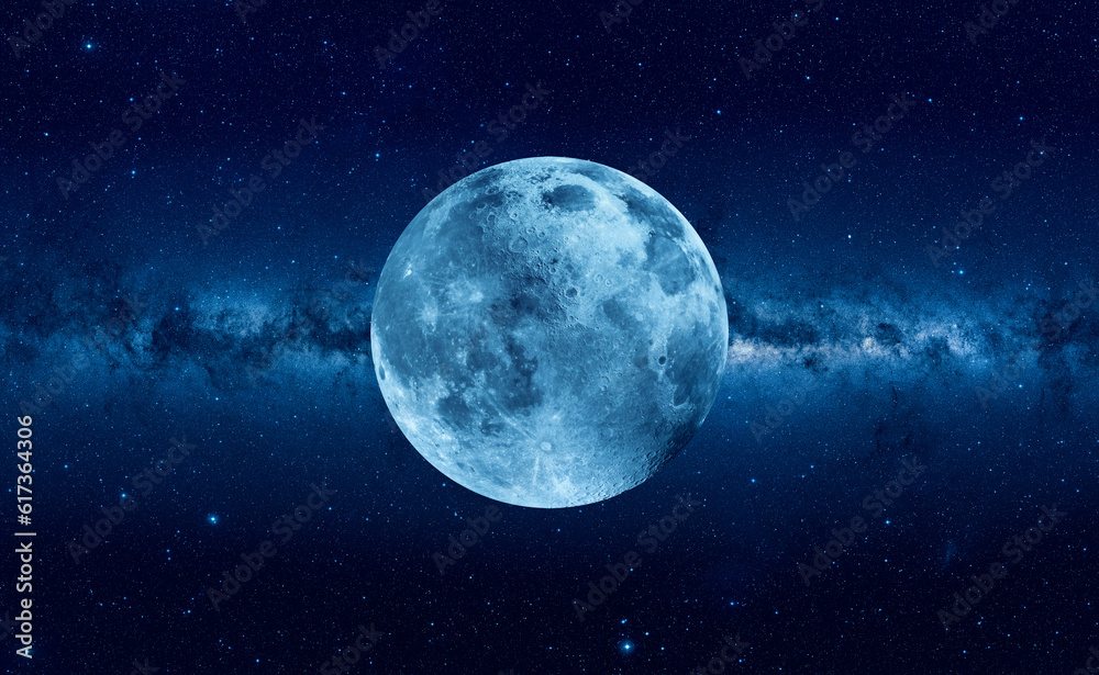 Poster amazing blue full moon, milky way galaxy in the background 