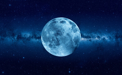 Amazing blue full moon, Milky Way galaxy in the background 