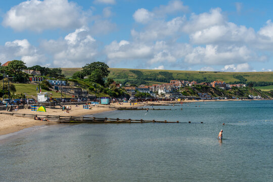 The sandy Swanage Beach in Swanage Bay, UK