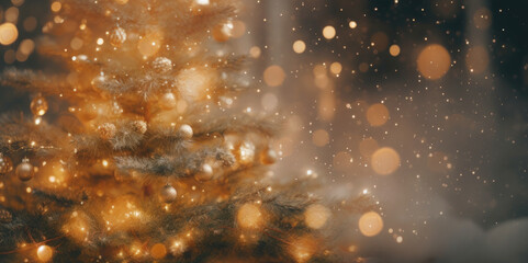 Blurred Soft focus Christmas background with fir tree and light in bokeh. Home decoration in New Year and Christmass.