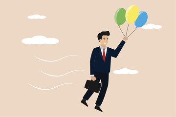 Businessman flying with three green, yellow and blue balloons. Illustration of businessman flying with three balloons to success.