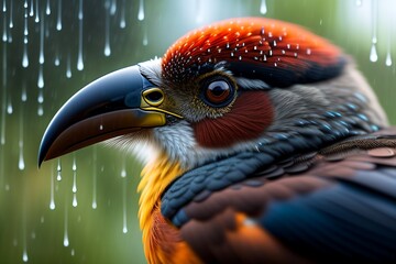 Naklejka premium A bird with a colorful head in rain.
