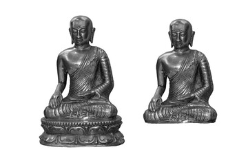 Buddha statue isolated on transparent background / PNG / Close up view of silver color sitting meditating Buddha
