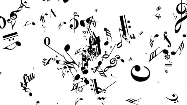 Music Notes - Flying Stream - Black Particles - White Background - Musical animation loop for background, logo, title, revealer, intro, transition, mask compositions