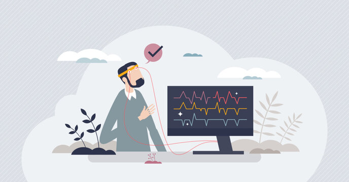 biofeedback process for physiological functions awareness tiny person concept. Control body systems at will with treatment method vector illustration. Self regulation with brainwaves and muscle tone.