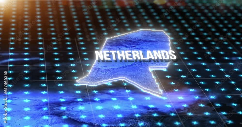 Poster dark digital map, location of the netherlands and hologram on blue light hud, pin or 3d rendering. t