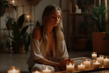 Obraz na płótnie Canvas Serene Sunset Meditation. Woman meditating on a serene beach at sunset, surrounded by soft beige towels and calming scented candles. Copy space. Mindfulness concept. AI GENERATIVE