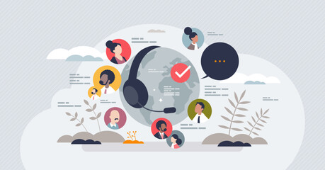 Online customer service with global support center tiny person concept. International assistance with call agent for telemarketing and find user solutions vector illustration. Chat or talk in hotline