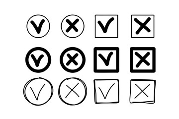 Hand drawn doodle style, check and cross mark set. Vote, yes, no concept. Checkbox, cross mark with box, circle element. Vector illustration.