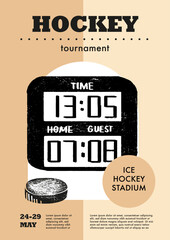 Template Sport Layout Design, ice hockey. Hockey league tournament poster vector illustration.  Hand drawn engraving illustration scoreboard hockey pitch background.