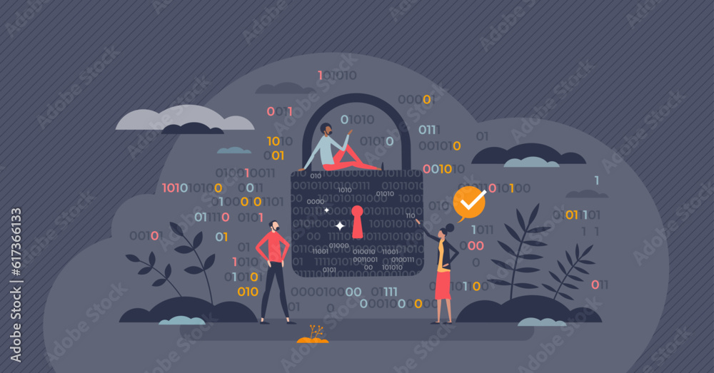 Wall mural cybersecurity and cyberspace data safety protection tiny person concept. digital personal informatio