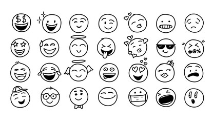 Hand drawn doodle style. comic line. doodle emoji face icon set. emoji with different emotion mood. art vector illustration.
