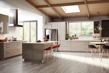 Fototapeta na wymiar Bright and Airy Modern Kitchen with Custom Cabinets and Hardwood Floors