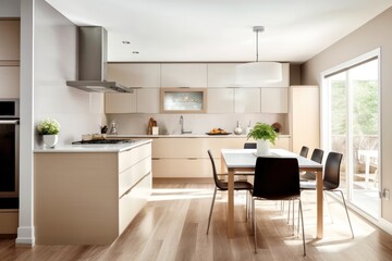 Fototapeta na wymiar Contemporary Kitchen Design with Stainless Steel Appliances and Quartz Countertops