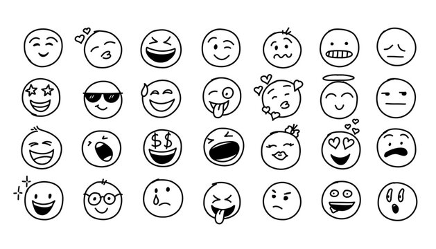 Naklejki Hand drawn doodle style. comic line. doodle emoji face icon set. emoji with different emotion mood. art vector illustration.