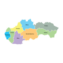 Fototapeta premium Slovakia map background with regions, region names and cities in color. Slovakia map isolated on white background. Vector illustration Europe