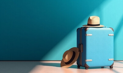 journey transportation background suitcase travel holiday trip vacation blue baggage hat. Generative AI.