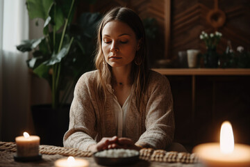 Zen State of Mind. Explore the peacefulness as a woman immerses herself in serene meditation, seeking inner balance and harmony. Copy space. Relaxation concept AI Generative