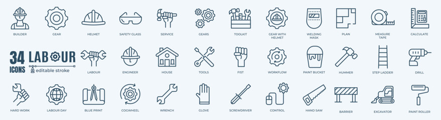 Labor vector icons set. Line set of Engineer, Gear and Gears mechanical machine icons editable stroke and pixel perfect. Labour day icon illustration.	