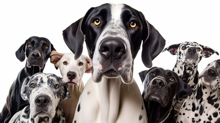 Great Dane taking a selfie with other dogs on an isolated background. ,generative AI
