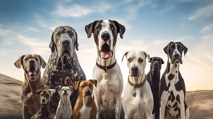 Great Dane taking a selfie with other dogs on an isolated background. ,generative AI