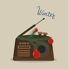 Winter   Illustration with Retro radio and  Decoration 
