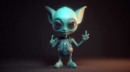 Cute alien showing peace sign, 3d rendef=r ,generative AI