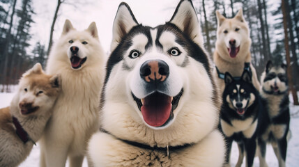 Siberian Husky taking a selfie with other dogs on an isolated background. ,generative AI