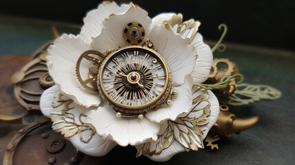 floral, vintage background, flover, products, enginer, generative, ai, steampunk, background, clockwork, brooch, peony, wight