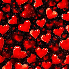 Seamless red hearts pattern on black background.