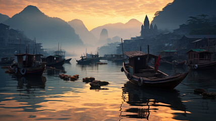 boats docked in the water near mountains. traditional Chinese landscape at sunset