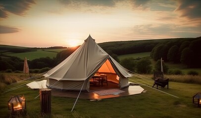 Fototapeta na wymiar Luxury Tent Camping in Nature with Sun and Beautiful Landscape Outdoors