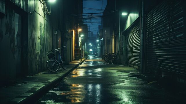 rainy night urban street or alley with bikes