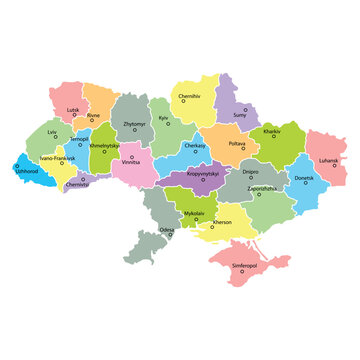 Ukraine map background with regions, region names and cities in color. Ukraine map isolated on white background. Vector illustration Europe
