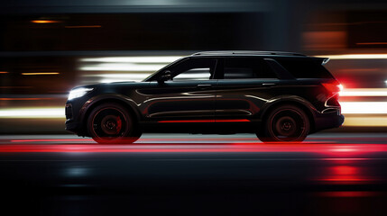 Obraz premium A SUV rushes at high speed through the streets of the night city. Generative AI