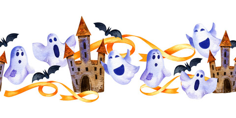 watercolour seamless border of halloween theme with tower, ghosts, bats and others, hand drawn illustration of october event isolated on white background, for postcard, greeting card